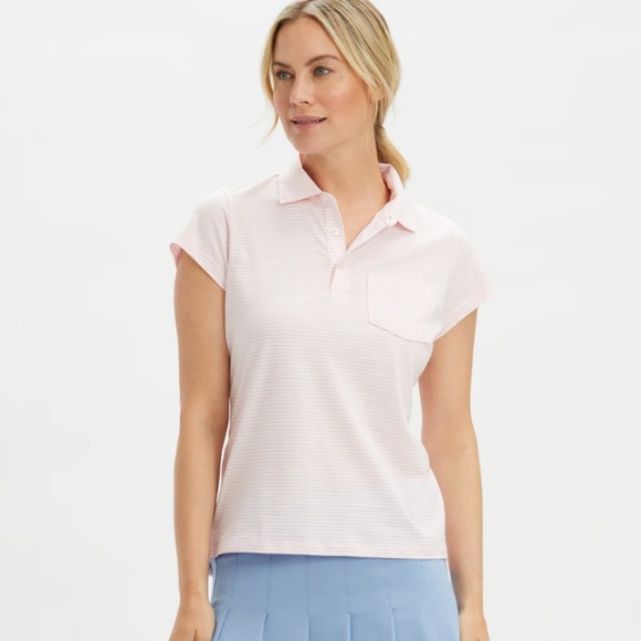 Renwick Women's Pink White Striped Pima Polo Short Sleeve Lightweight Size Small - Picture 1 of 8